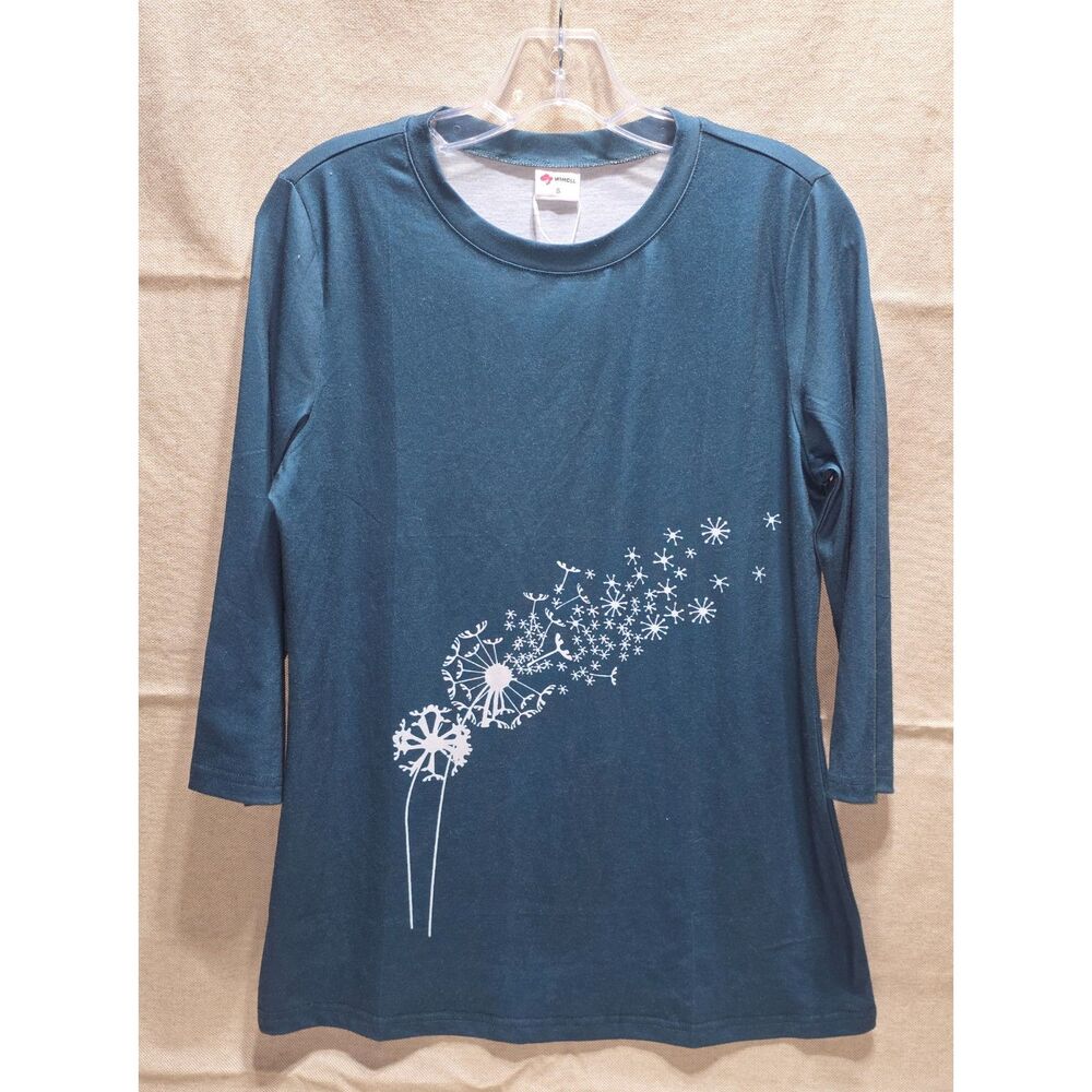 NWT WIHOLL Teal Blue Dandelion Print 3/4 Sleeve Shirt Size S